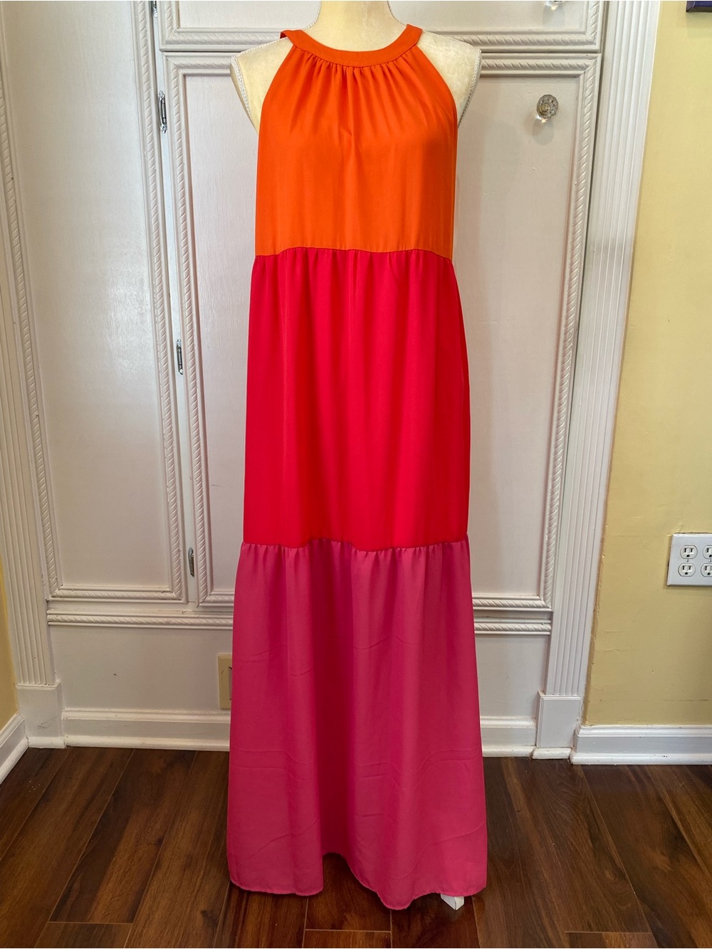 ANDREE BY UNIT Colorblock Halter Maxi Dress in Orange and Pink